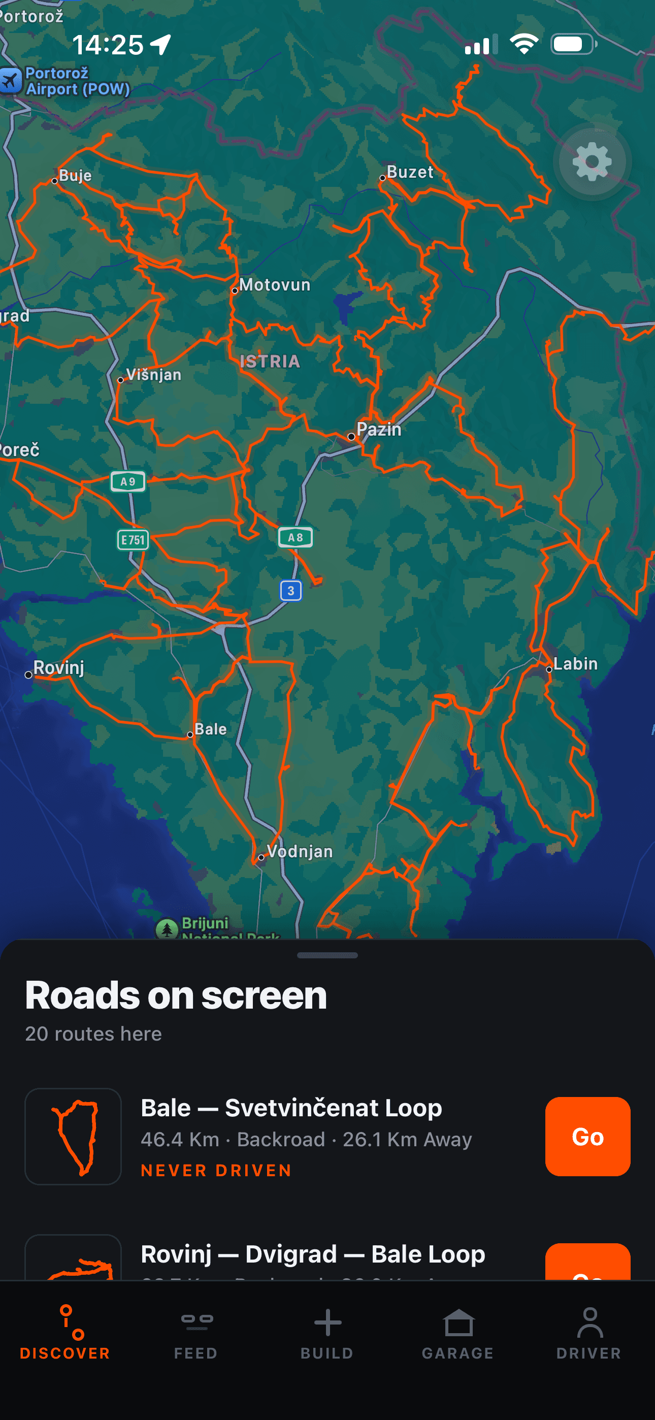 Sterza Discover map showing nearby driving roads and route details