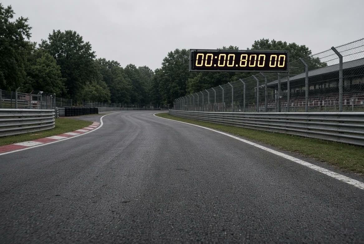 A circuit lap timer interface over a view through a car windscreen