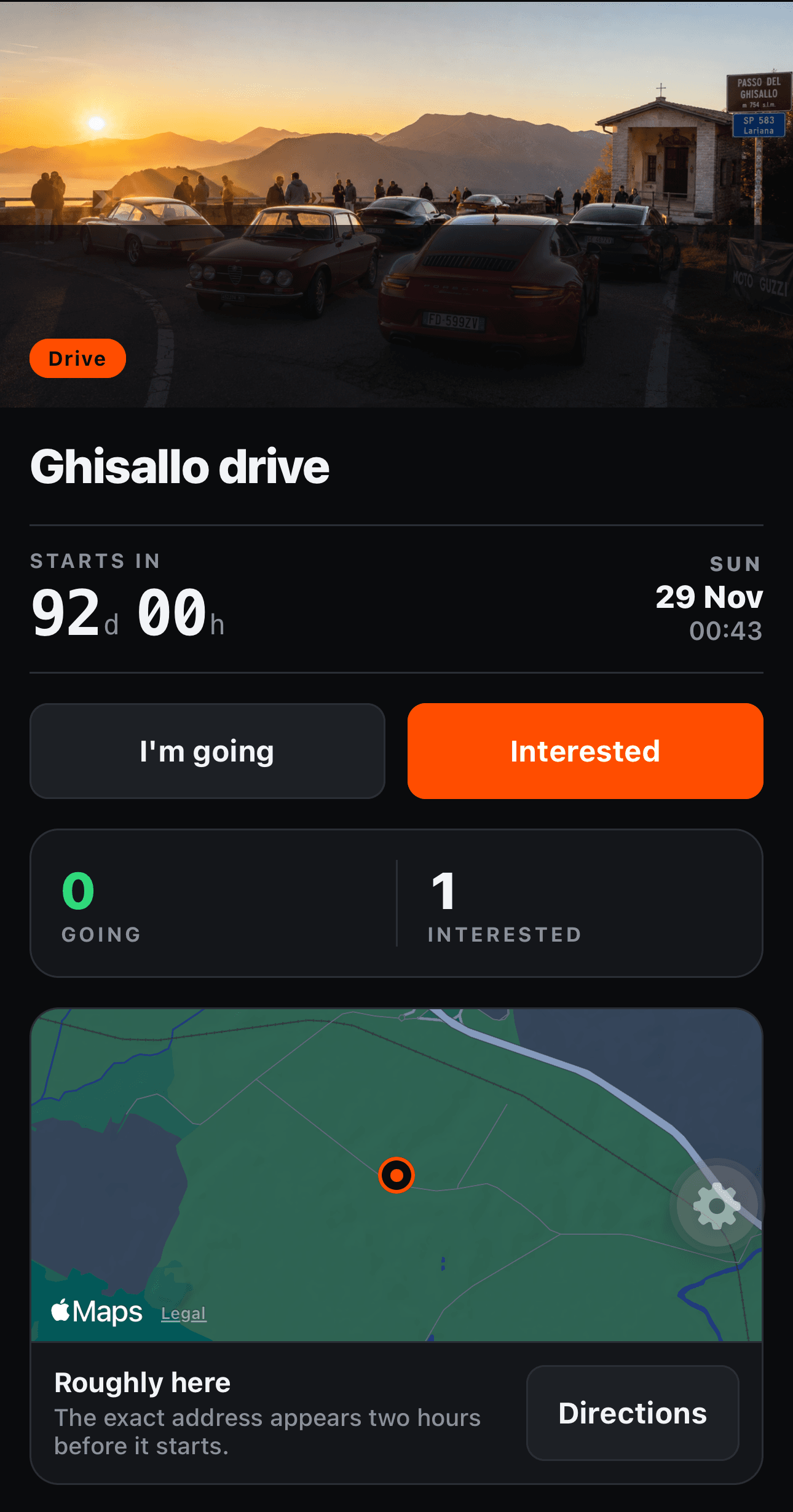 The event screen for a drive: cars at the Ghisallo pass at sunrise, a countdown, going and interested counts, and an approximate map pin