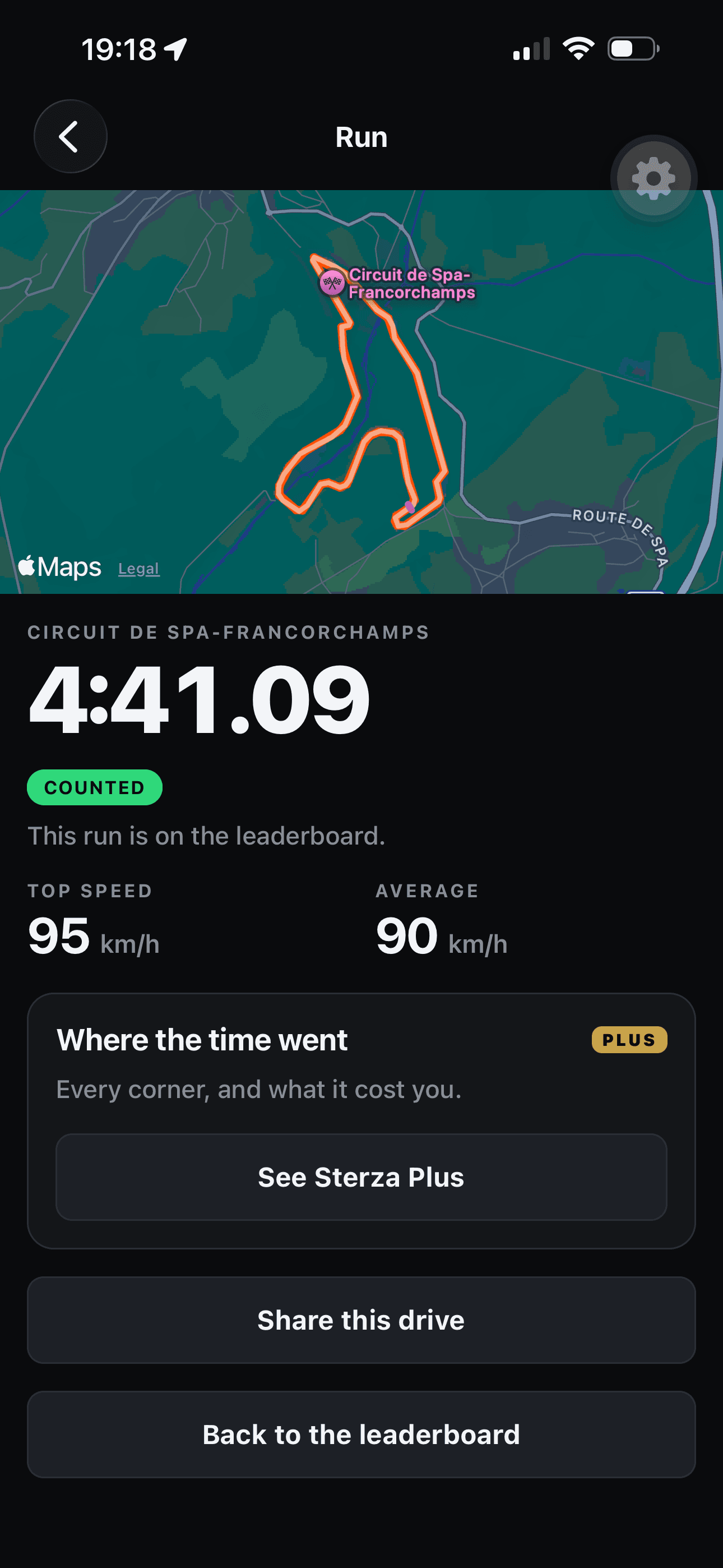 Sterza circuit timing screen showing a live lap and track map